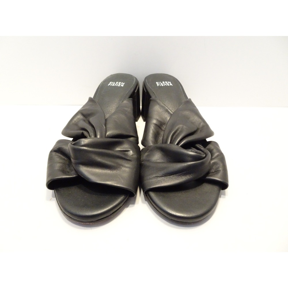 Eileen Fisher Black Leather Twisted Knot Block Heel Mule Sandals Womens 9